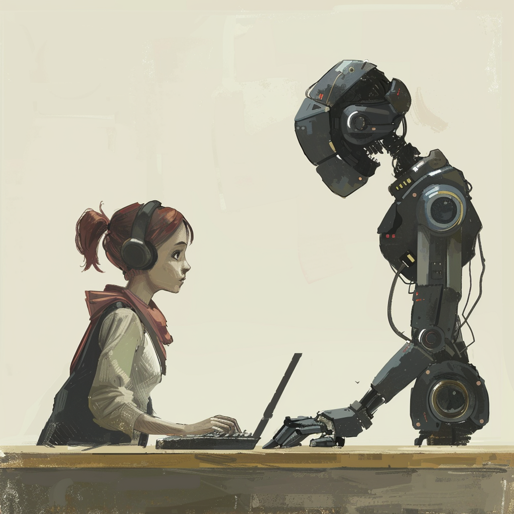 a girl using keyboard to communicate with a robot